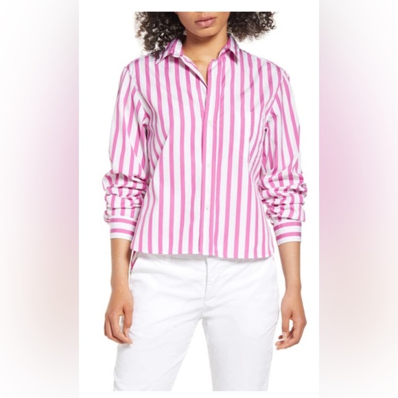 FRANK & EILEEN Silvio Stripe Cotton Button-up Shirt Miami Pink Stripe $268 - Picture 1 of 6